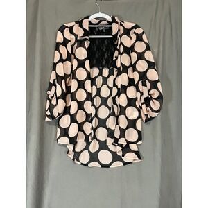Almost Famous Womens Polka Dot Lace Back Sheer Blouse Pink Black Medium